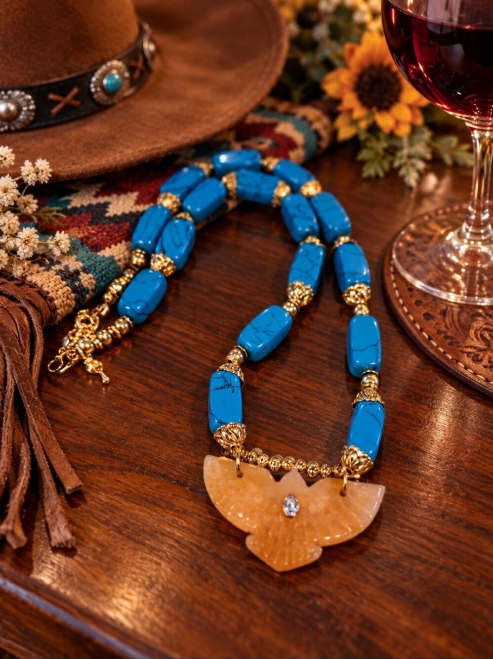 ARTISAN CRAFTED Turquoise Beaded Necklace with golden Eagle Agate Pendant 18 In.